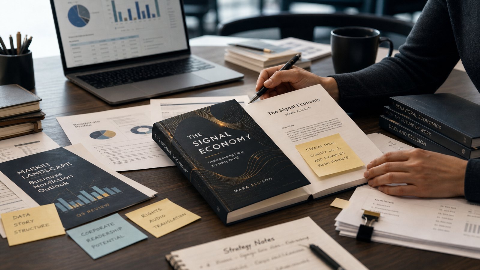 Editorial desk with The Signal Economy proof, strategy notes, and market reports