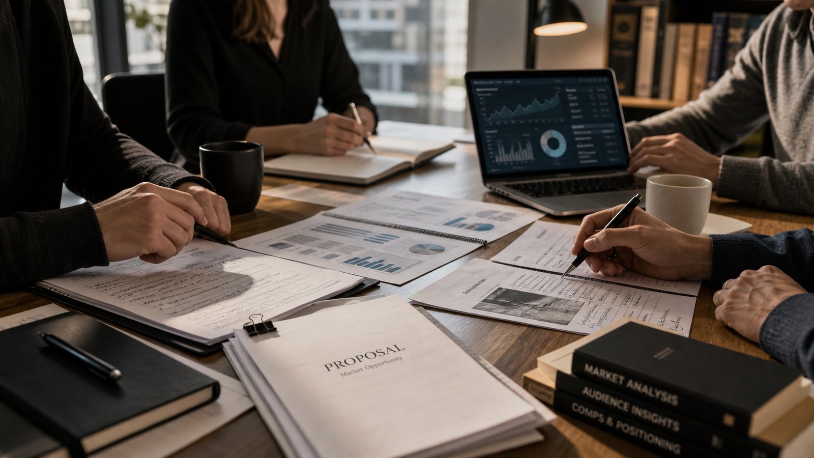 Editorial team reviewing a market-ready business proposal around a project table